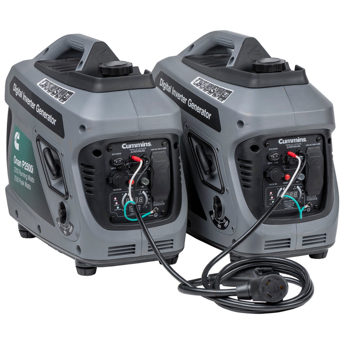 Two Grey Cummins P2500i Generators Connected with Parallel Cable Kit - Side View | United RV Parts