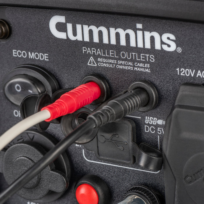 Cummins Generator Parallel Outlet Ports with Red and Black Cables Connected - Close-up | United RV Parts