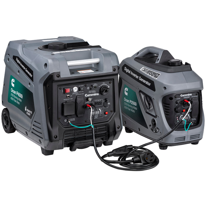 Two Grey Cummins Onan P4500i Generators Connected via Parallel Kit - Front View | United RV Parts