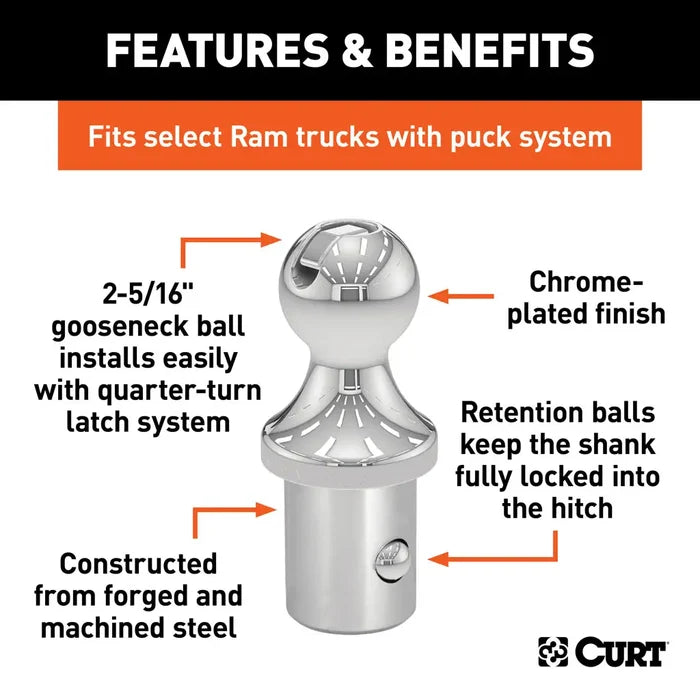 Curt 60601 Gooseneck Ball Features Chart - Chrome Plated Steel | United RV Parts