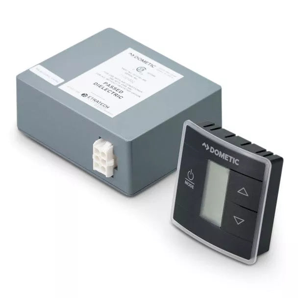 Black Dometic CT Thermostat 3316230.714 with Grey Control Box - Angled View | United RV Parts