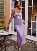 Womens Dream Sight Lace Satin Maxi Dress in the colour Lilac in front of a light grey background