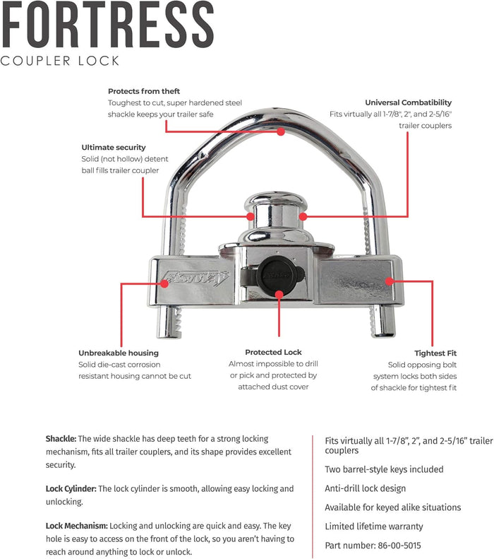 Fastway Fortress Coupler Lock 86-00-5015 Feature Callout - Fits 1-7/8" 2" 2-5/16" | United RV Parts