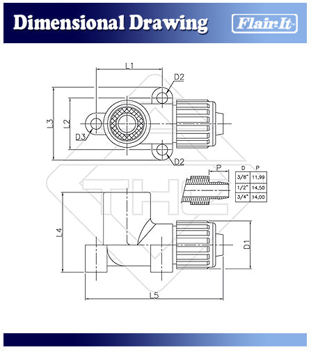 Flair-It Drop Ear Elbow Dimensional Drawing Technical Specifications | United RV Parts