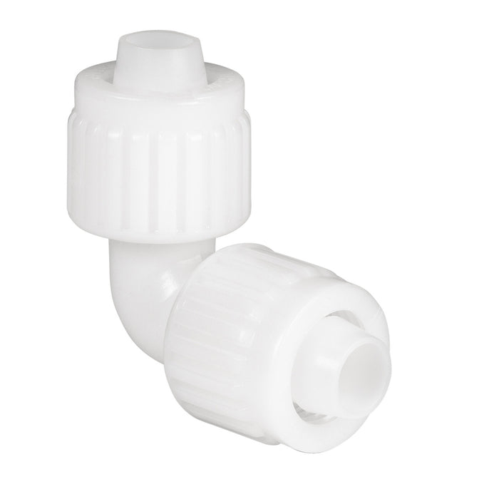White Plastic Flair-It 1/2" PEX Elbow Coupler 06800 - 3/4 Angle View | United RV Parts
