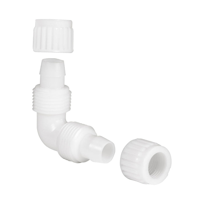 White Flair-It 1/2" RV PEX Elbow Coupler 06800 Disassembled Nut Detail - 3/4 Angle | United RV Parts