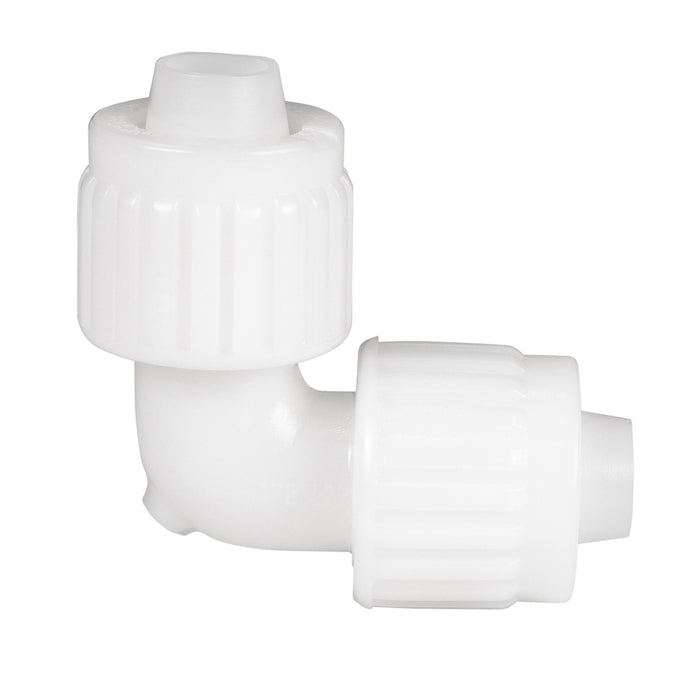 White Plastic Flair-It 1/2" PEX Elbow Coupler 06800 - Side View | United RV Parts