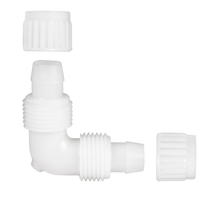 White Flair-It 1/2" PEX Elbow Coupler 06800 Disassembled Components - Side View | United RV Parts