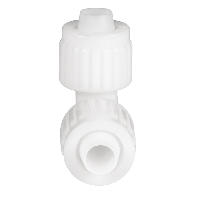 White Plastic Flair-It 1/2" RV PEX Elbow Coupler 06800 Assembled - Front View | United RV Parts