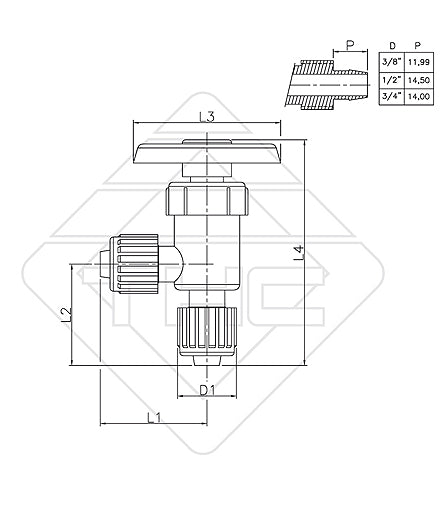Flair-It 90 Degree Stop Valve Technical Drawing - Dimensions | United RV Parts