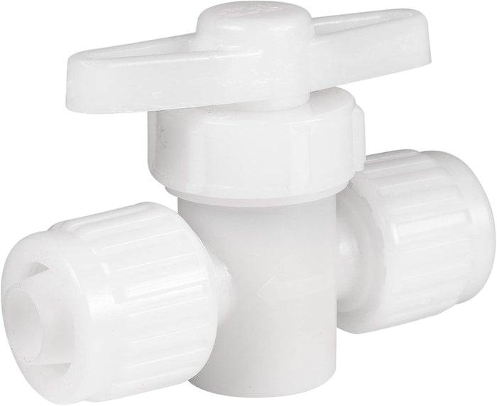 White Plastic Flair-It 1/2 Inch Straight Stop Valve - Side View | United RV Parts