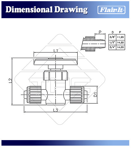 Flair-It Stop Valve Technical Drawing - Dimensional Specifications | United RV Parts