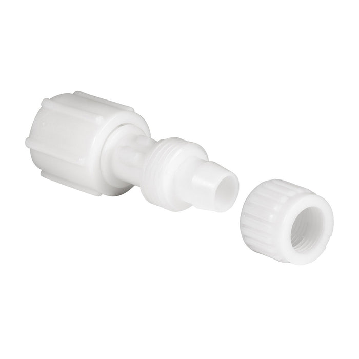 White Plastic Flair-It 1/2" Swivel Coupling 06873 Cap Separated - 3/4 Angle Diagram | United RV Parts