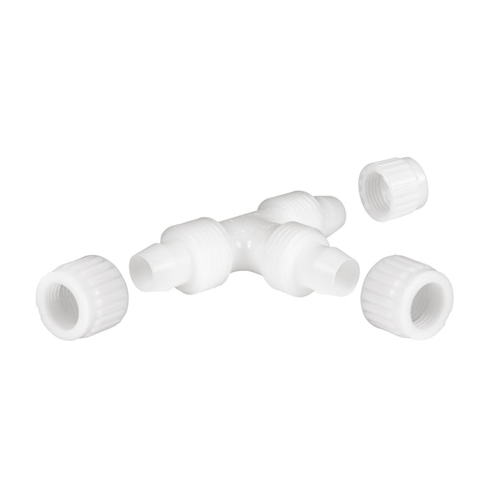White PEX Tee Fitting Components Exploded View with Caps - Assembly Diagram | United RV Parts