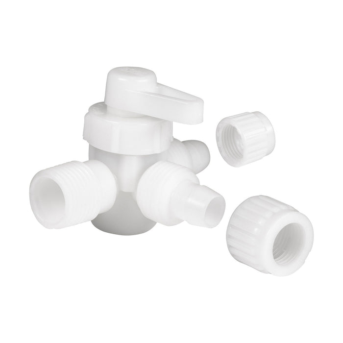 White 3 Way Bypass Valve with Cap Components - Three Quarter Exploded View | United RV Parts