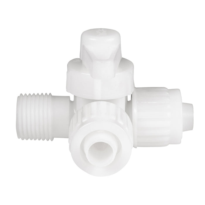White PEX 3 Way Bypass Valve with 90 Degree Center Drain - Top View | United RV Parts