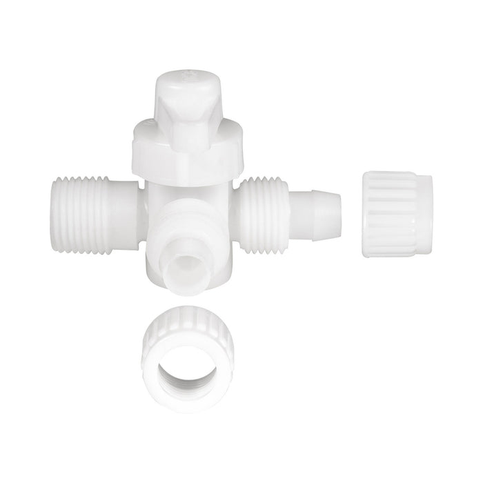 White PEX Bypass Valve with Threaded Cap Component - Top Exploded View | United RV Parts