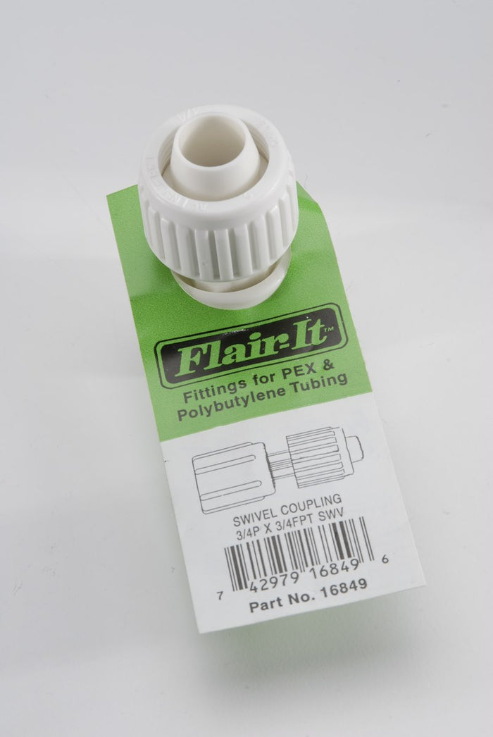 Flair-It RV Plumbing Swivel Coupling for PEX Tubing with Green Retail Packaging - Top Angle | United RV Parts