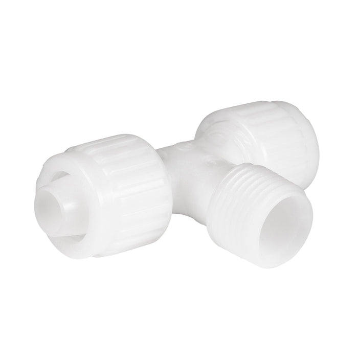 White Flair-It Male Tee 1/2" MPT RV Plumbing Fitting 06822 - Angled View | United RV Parts