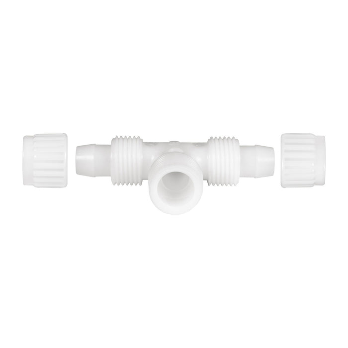 White Flair-It 1/2" MPT Male Tee 06822 Caps Removed Exploded Front View | United RV Parts