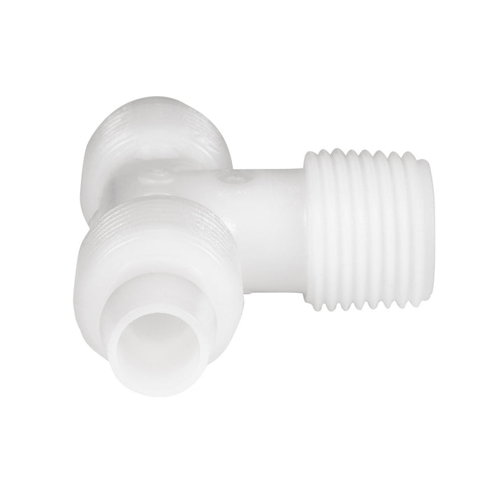 White Flair-It Male Tee 06822 RV Plumbing Fitting MPT Thread Detail Close-Up | United RV Parts