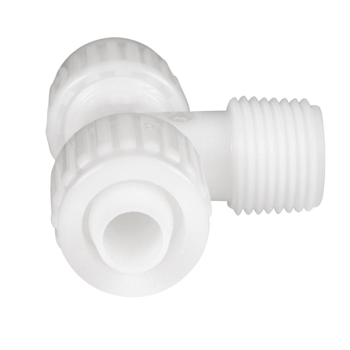 White Flair-It Male Tee 06822 RV Plumbing Fitting with Cap - MPT Thread Close-Up | United RV Parts