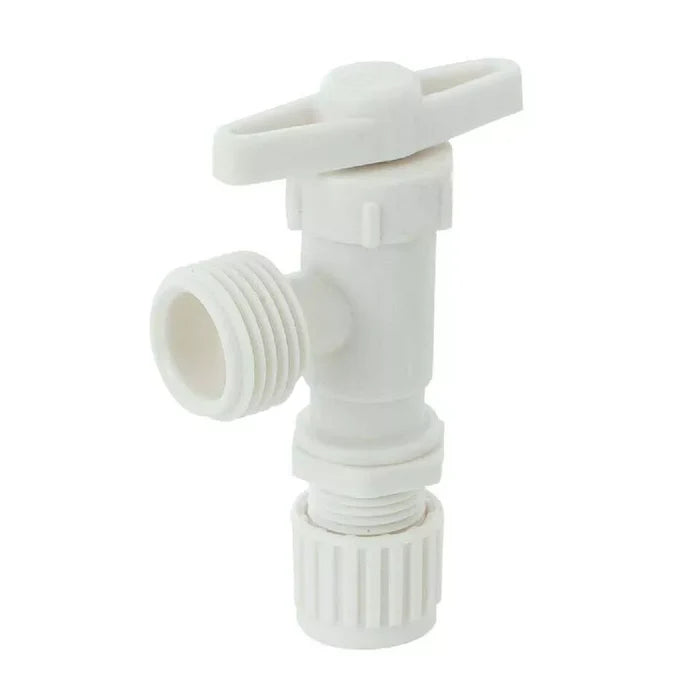 White Plastic Flair-It Washing Machine Valve 06887 - Side Angle View | United RV Parts
