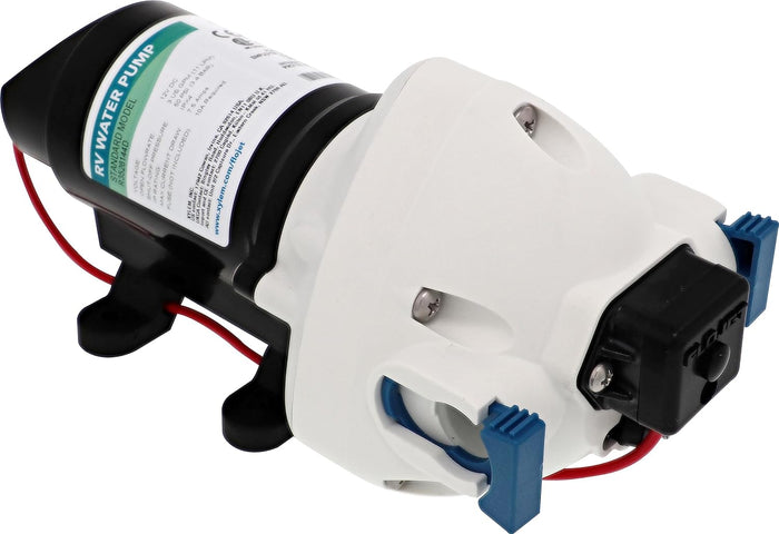 FloJet Triplex RV Water Pump R3526144D - Angled View with Blue Fittings | United RV Parts