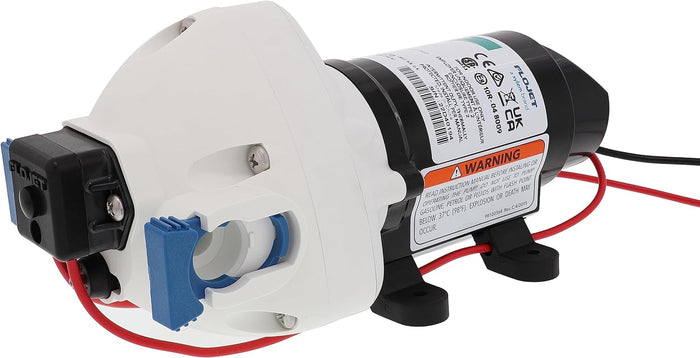FloJet Triplex 12V Water Pump - Side Profile with Label Detail | United RV Parts