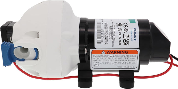 FloJet Triplex Water Pump - Top View with Specification Label | United RV Parts