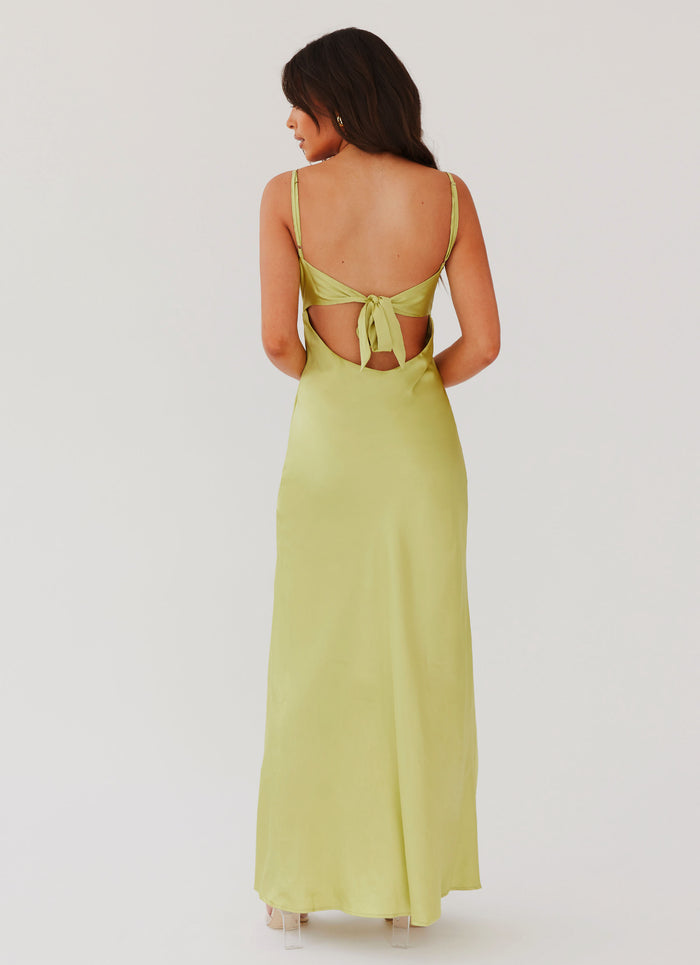 Womens Flora Satin Maxi Dress in the colour Green Expectations in front of a light grey background