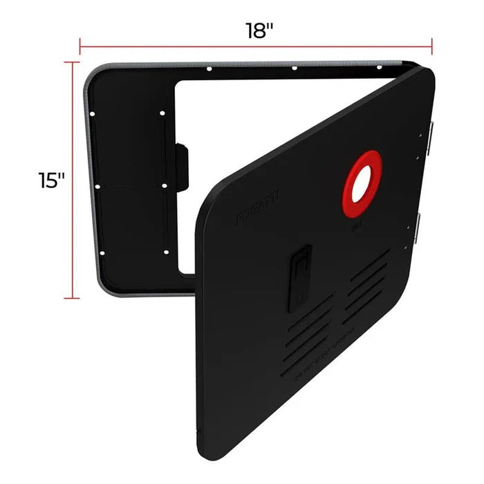 Black Steel RV Water Heater Door with Dimensions - 15"x18" Angled View | United RV Parts