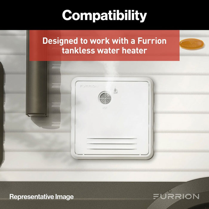 White Furrion RV Water Heater Door Installed on RV Exterior - Compatibility View, Fits Tankless | United RV Parts