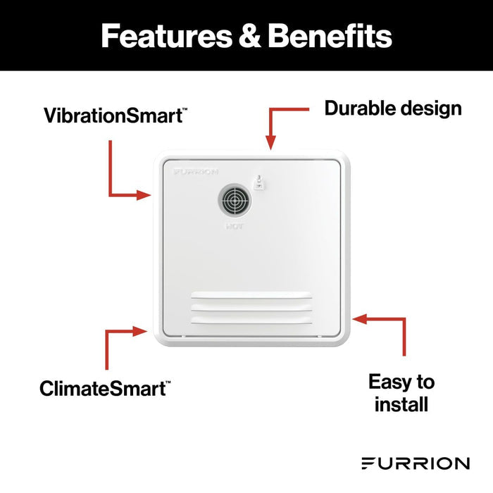 White Furrion RV Water Heater Door - Features & Benefits Diagram, VibrationSmart ClimateSmart | United RV Parts