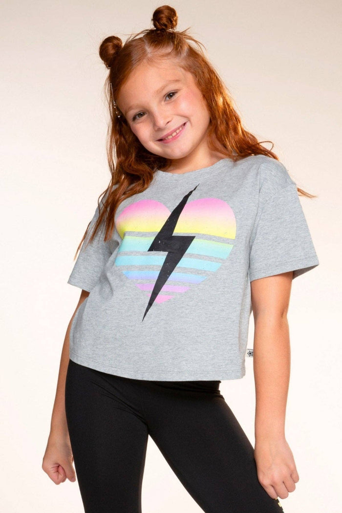 Grey Rainbow Heart Bolt Washed Cotton Drop Shoulder Tee