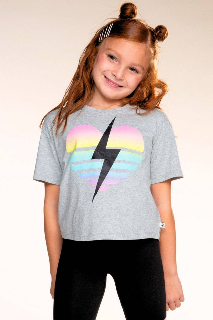 Grey Rainbow Heart Bolt Washed Cotton Drop Shoulder Tee