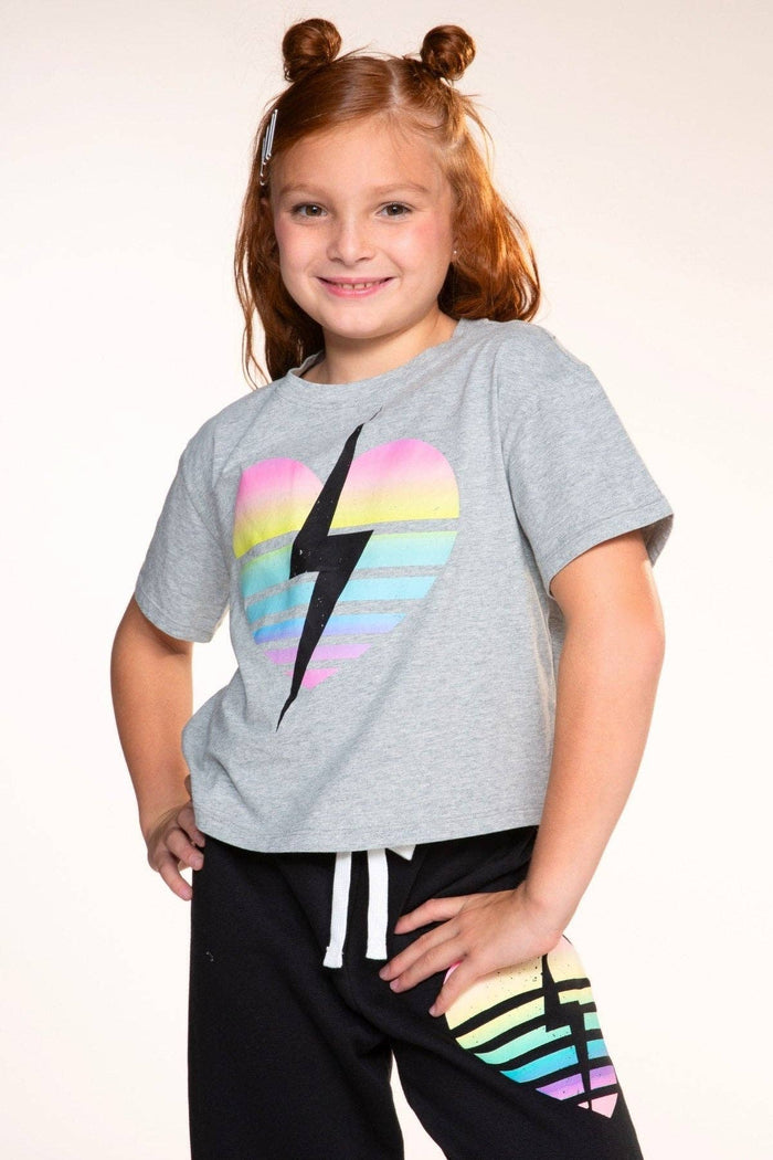 Grey Rainbow Heart Bolt Washed Cotton Drop Shoulder Tee