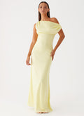 Womens Heart Of Glass Satin Maxi Dress in the colour Yellow in front of a light grey background