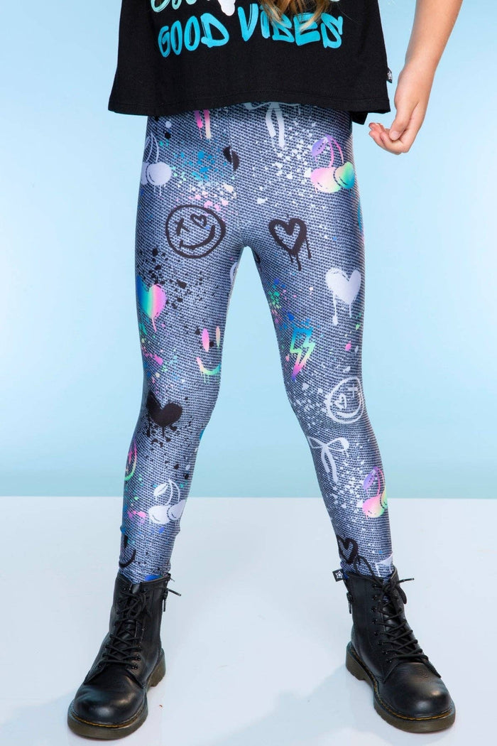 High Shine Long Legging in Charcoal Graffiti Elements