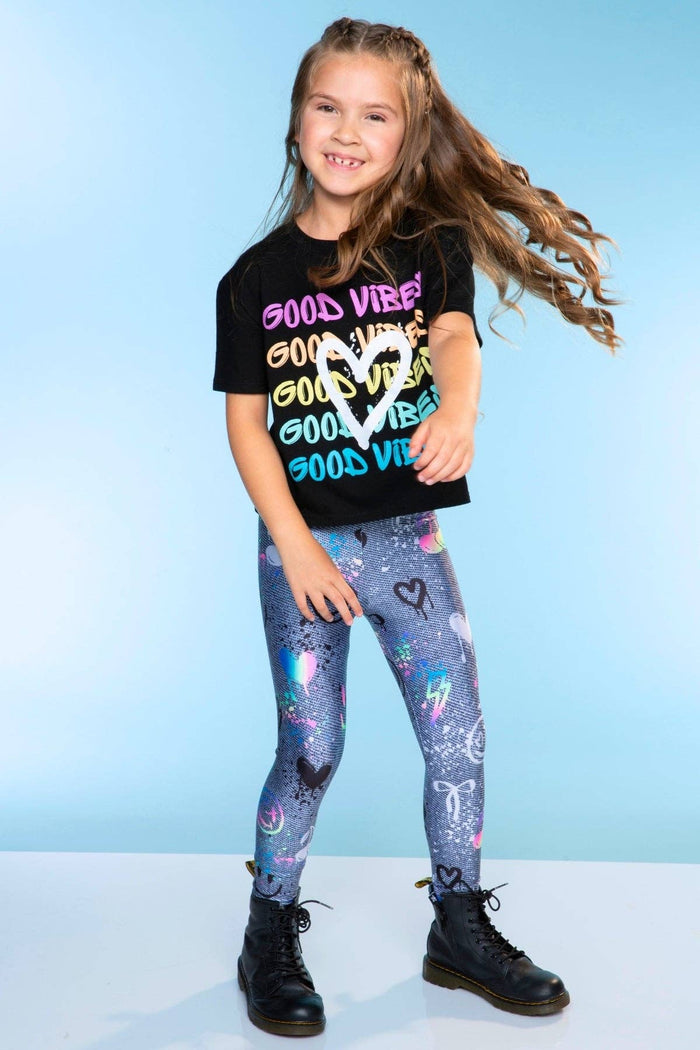 High Shine Long Legging in Charcoal Graffiti Elements
