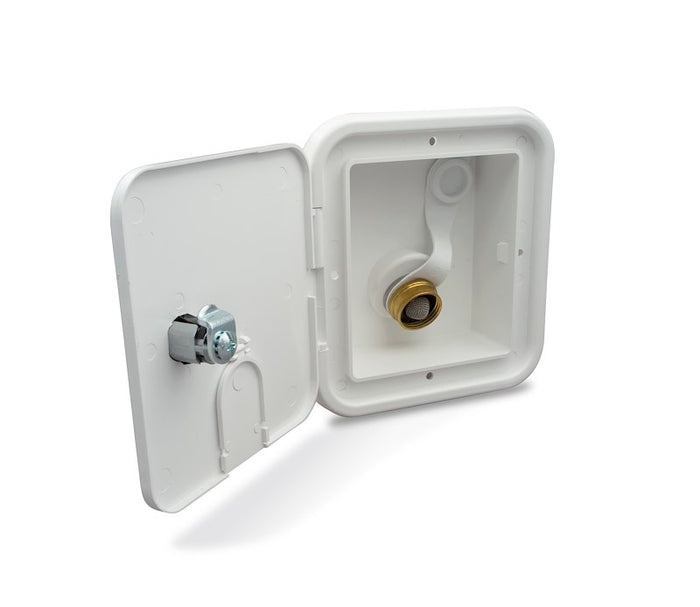 Polar White RV City Water Hatch Open Showing Brass Inlet Fitting and Key Lock Detail | United RV Parts