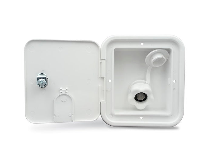 Polar White RV City Water Hatch Open Showing Interior Inlet and Key Lock Detail | United RV Parts