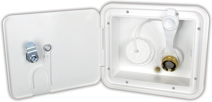 Polar White JR Products RV City Water Hatch K7112-6-A Open View Showing Key Lock and Brass Inlet | United RV Parts