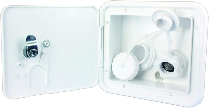 Polar White JR Products RV City Water Hatch K7112 - Open View Showing Key Lock & Fittings | United RV Parts