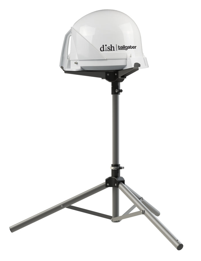 KING TR1000 Tripod Mount with White Dish Tailgater Antenna - Side View | United RV Parts