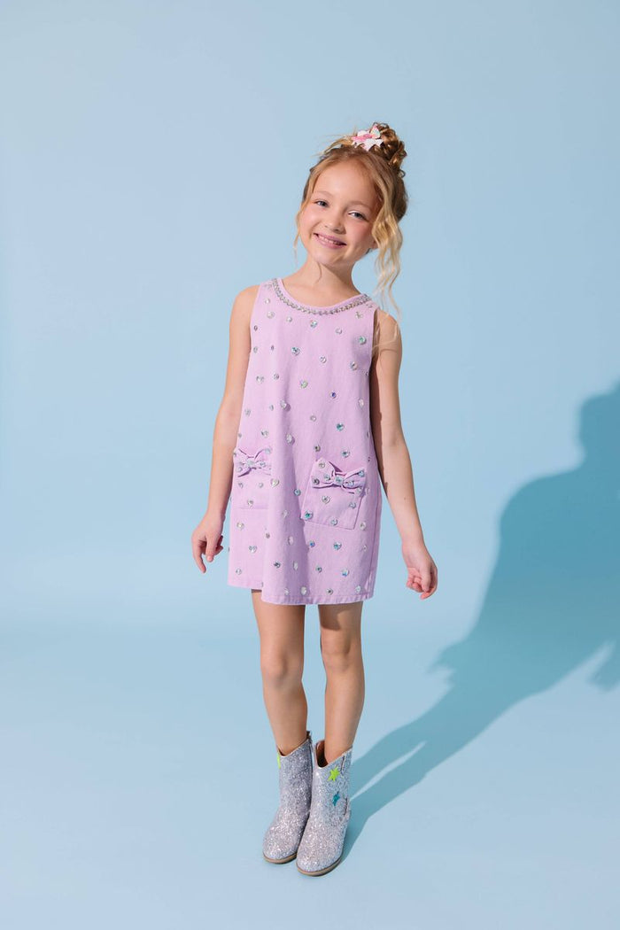 Lavender Crystal Heart Denim Bow Dress