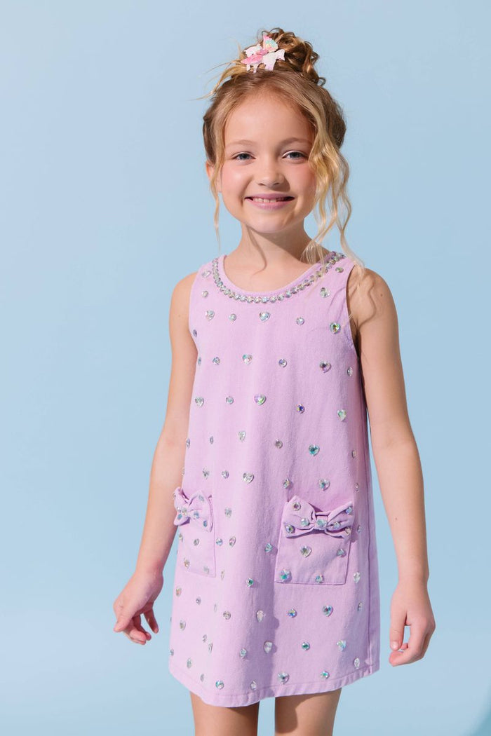 Lavender Crystal Heart Denim Bow Dress