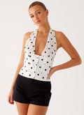 Lets Pretend Halterneck Top - White Polka Dot