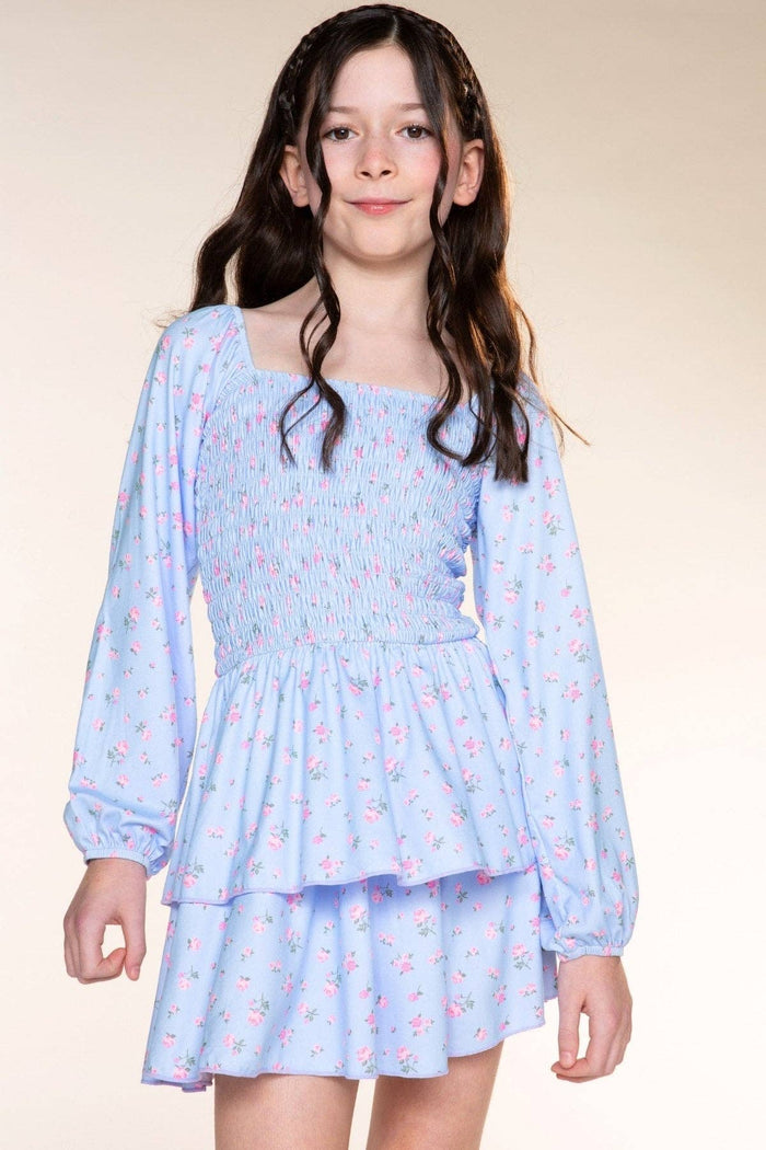 Light Blue Floral Simply Soft Smocked Ruffle Dress
