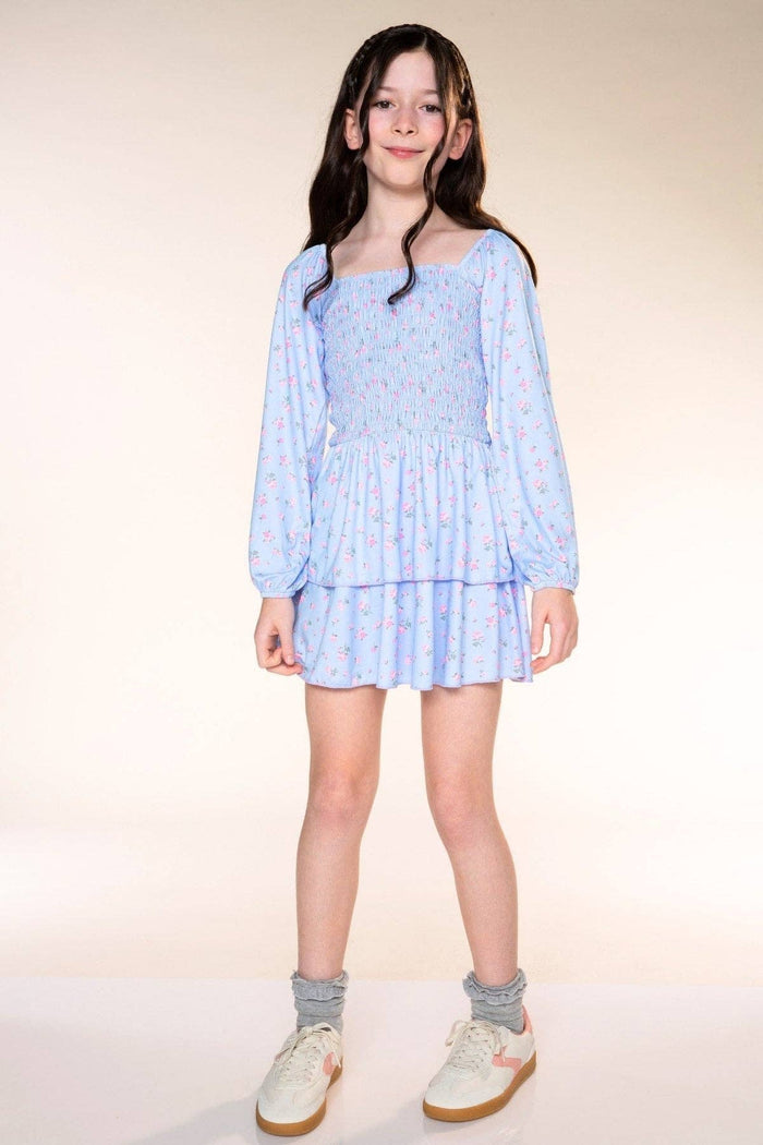 Light Blue Floral Simply Soft Smocked Ruffle Dress